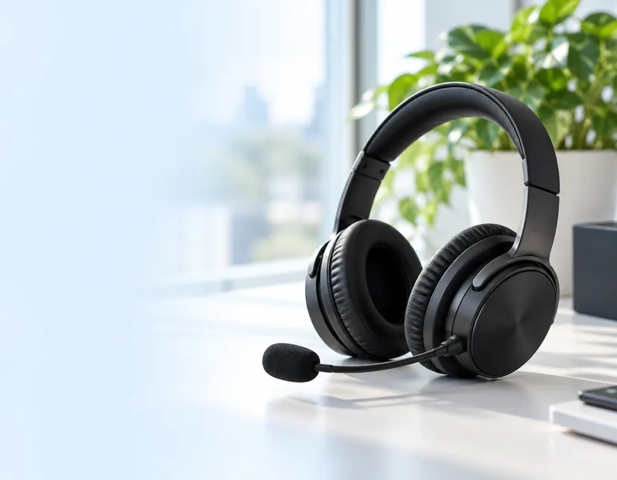 Ilustración: unos auriculares de atención al cliente negros sobre un escritorio